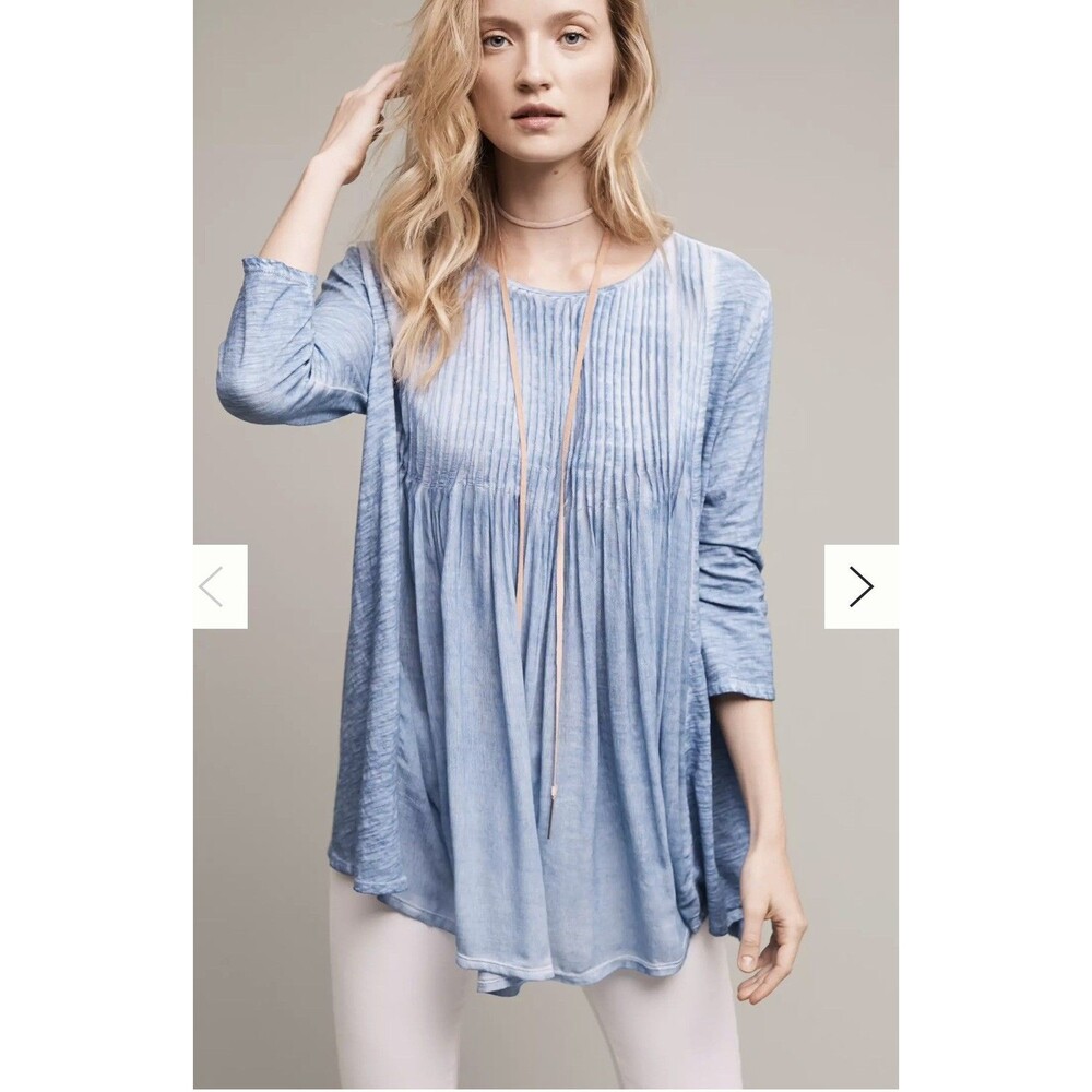 Akemi + Kin Blue Pleated V-Neck Shift Dress 3/4 Sleeve Short Size M